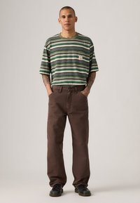 Chemise à manches courtes rayée avec des rayures vertes, blanches et grises ; pantalon marron ; portée avec des chaussures noires ; coupe décontractée ; design casual.