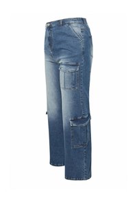 Valkoiset cargo-housut vaaleansinisinä, joissa on useita taskuja, suora lahje, haalistunut pinta ja nappisuljenta vyötäröllä.