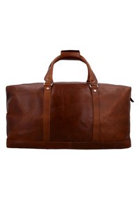 Rjava usnjena torba z močno ročaji, s tekočo teksturo in navpičnimi šivi, idealna za potovanja ali uporabo v telovadnici.