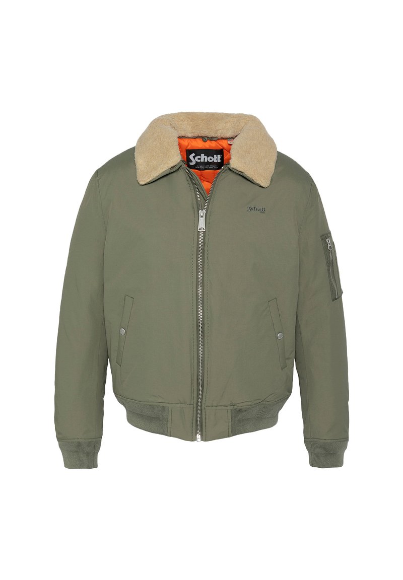 Olijfgroene bomberjack met een beige schapenvacht kraag, rits aan de voorkant, twee drukknoopzakken, een mouw met ritszak en een oranje voering.