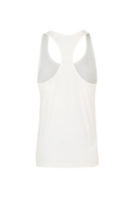 White sports tank top with a racerback design, made of soft fabric. Features a smooth texture and a rounded neckline. No additional patterns.