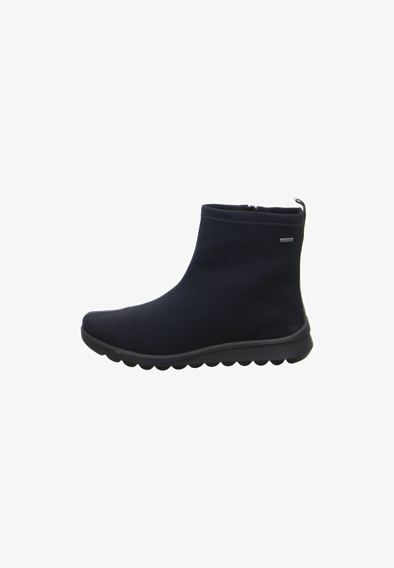 Black ankle boot with smooth fabric upper, rounded toe, side zipper, pull tab at heel, and textured rubber sole with wave pattern.