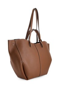 Brown leather tote bag with double handles and white stitching, structured with a slightly curved top and a smooth, pebbled texture.