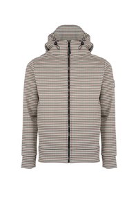 Kurtka z kapturem na zamek z wzorem w kratę w kolorze beżowym, brązowym i zielonym. Wykonana z lekkiego materiału, z elastycznymi mankietami i kapturem z troczkiem.