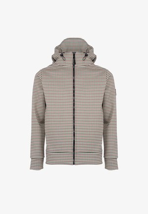 Kurtka z kapturem na zamek z wzorem w kratę w kolorze beżowym, brązowym i zielonym. Wykonana z lekkiego materiału, z elastycznymi mankietami i kapturem z troczkiem.