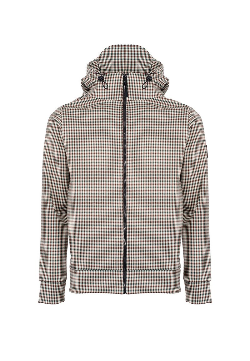 Kurtka z kapturem na zamek z wzorem w kratę w kolorze beżowym, brązowym i zielonym. Wykonana z lekkiego materiału, z elastycznymi mankietami i kapturem z troczkiem.