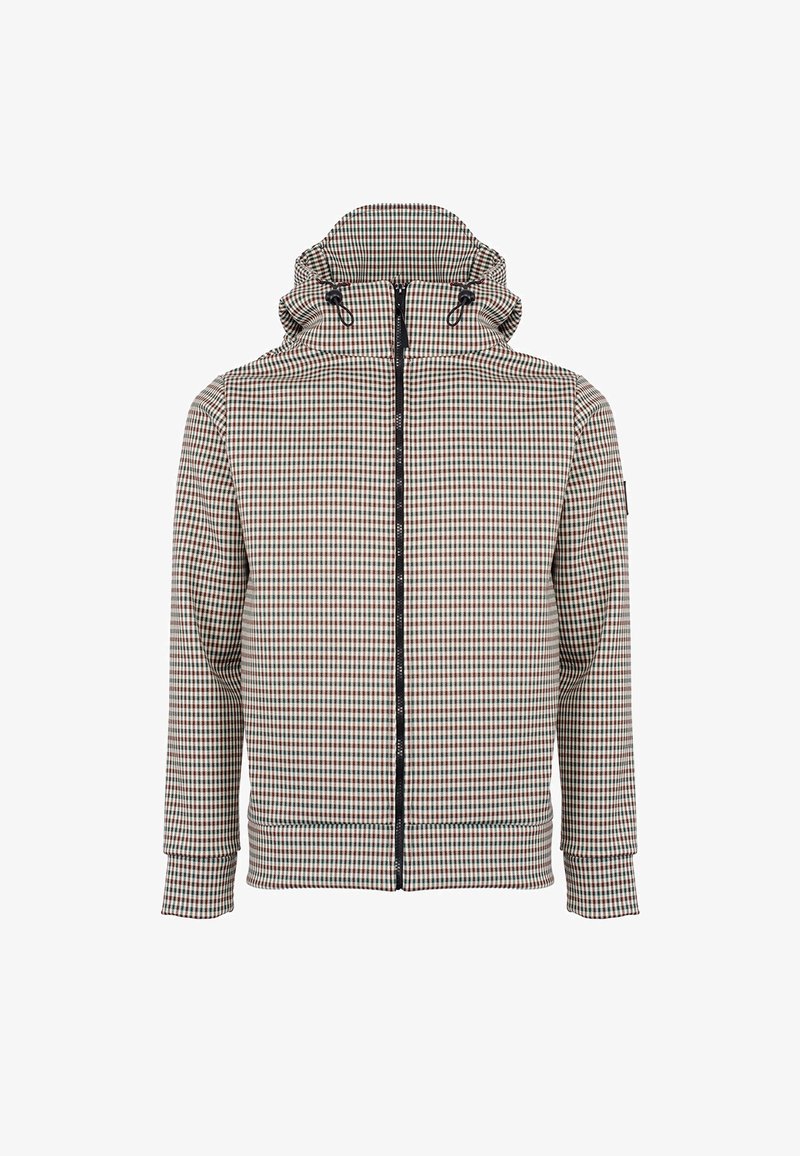 Kurtka z kapturem na zamek z wzorem w kratę w kolorze beżowym, brązowym i zielonym. Wykonana z lekkiego materiału, z elastycznymi mankietami i kapturem z troczkiem.