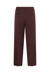 Pantalon droit marron foncé avec deux poches passepoilées à l'arrière et passants de ceinture, vu de dos sur fond blanc.