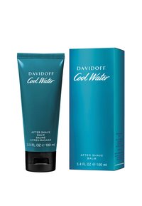 Davidoff Cool Water aftershave balm i en turkos tube med en svart bas, tillsammans med en matchande låda, båda märkta med vit text.