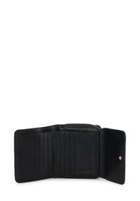 Fekete bőr pénztárca, több kártyatartóval, cipzáras rekesszel és patentos zárással. Simá szövetű, arany színű kiegészítőkkel.