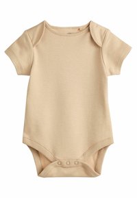 Beige kortärmad bodysuit i mjuk bomull. Rundad halsringning och tryckknappstängning vid gren för enkel påklädning. Slät yta.
