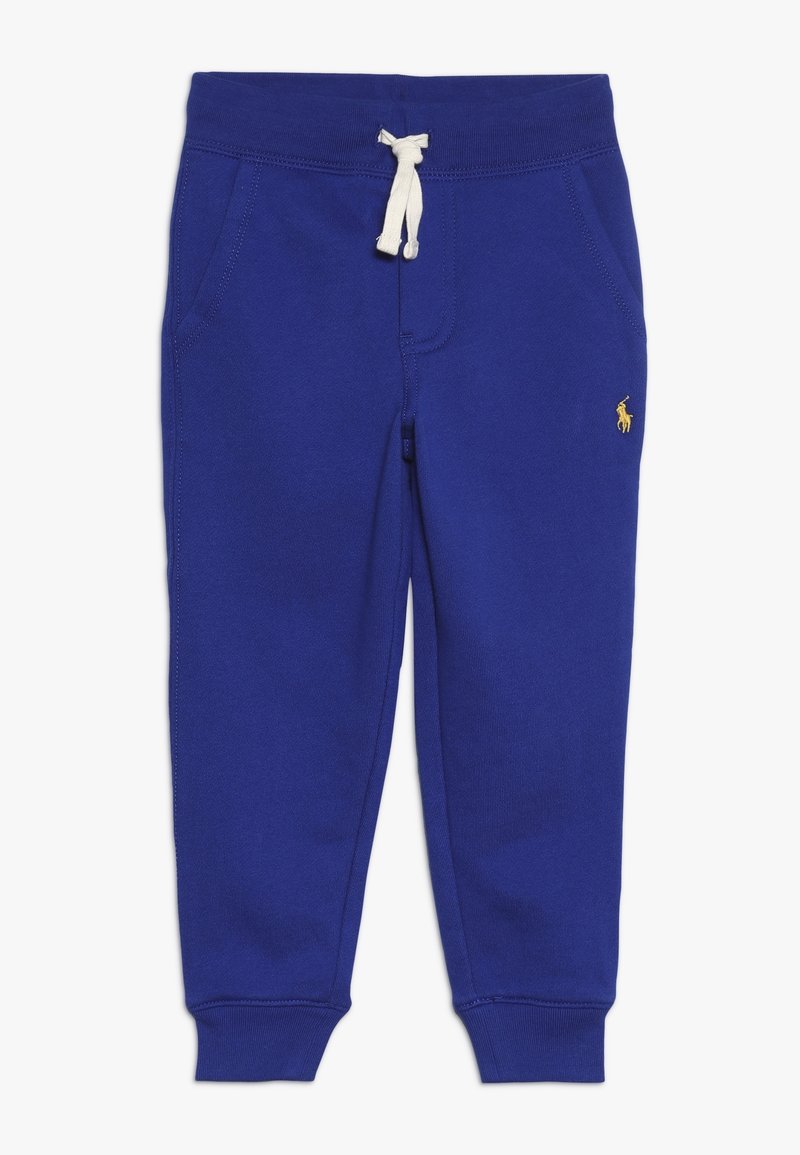 Pantalones de chándal azules hechos de un material suave, con una cintura elástica y un cordón blanco, bolsillos laterales y un pequeño detalle de logo amarillo.