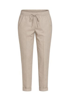 Pantaloni beige a taglio affusolato con vita elastica, coulisse regolabile, tasche laterali e risvolti piegati.