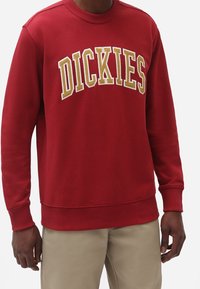 Uomo che indossa un maglione rosso a girocollo con "DICKIES" in grandi lettere gialle e pantaloni beige, in piedi contro uno sfondo bianco.