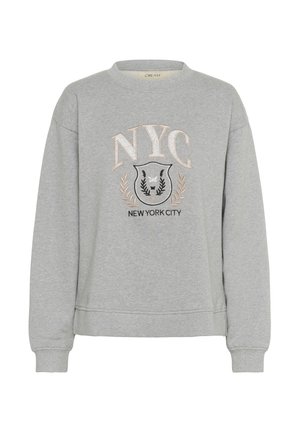 Gray sweatshirt featuring a crew neckline, embroidered "NYC" and shield design, with decorative laurel accents and ribbed cuffs.