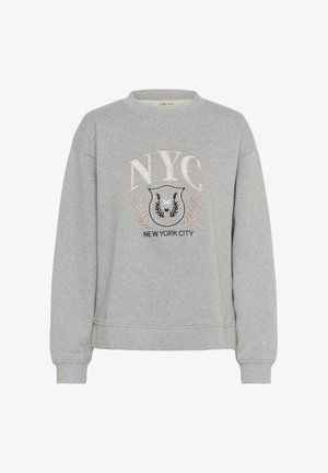 Harmaa huppari, jossa on pyöreä pääntie, brodeerattu "NYC" ja kilpimuotoilu, koristeelliset laakerigreenit ja ribbien hihansuut.