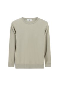 Jasno beżowy sweter z długim rękawem i okrągłym dekoltem, z prążkowanymi mankietami i dołem, wyeksponowany na płasko bez widocznych wzorów czy logo.