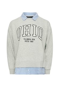 Grå sweatshirt med en marinblå randad krage, med "OHIO, ILLINOIS, USA, ESTD 1987" tryckt i svart. Strukturerad tyg, avslappnad passform.