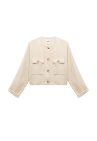 Beige kort jacka med långa ärmar, rund halsringning, framknappar och två fickor med luckor som knäpps.