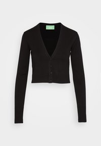 Czarny krótki kardigan wykonany z miękkiego materiału. Posiada dekolt w serek, długie rękawy i sześć guzików z przodu do zapięcia. Elegancki design.