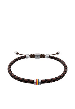 Braided brown leather bracelet with adjustable steel clasp and silver bead featuring red, yellow, and blue stripes and brand text.