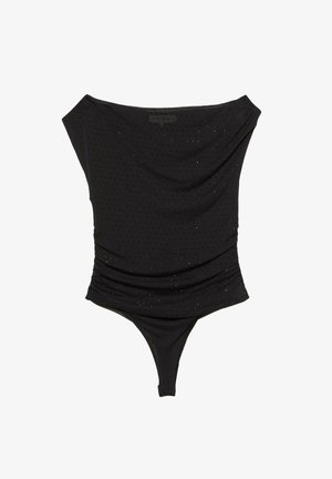 Fekete, vállnélküli bodysuit apró csillogó pöttyökkel és redőzött oldalakkal, tanga fazonú alsó résszel.