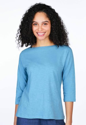 Blue, long-sleeve shirt made of a soft, lightweight fabric with a boat neckline, featuring a relaxed fit and subtle texture.