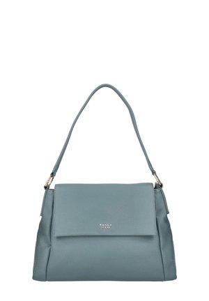 Una borsa rettangolare in pelle color teal con un design strutturato, dotata di chiusura a patta e una tracolla singola. Logo visibile sulla parte anteriore.