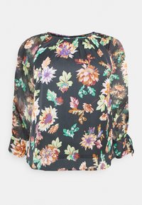Sort bluse med lange ærmer med et blomsterprint i livlige farver, lavet af letvægtsstof med en samlet halsudskæring.