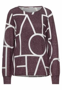 Maglia lunga viola con maniche a manica lunga che presenta un motivo geometrico bianco, colletto rotondo e una vestibilità rilassata, realizzata in un tessuto testurizzato.