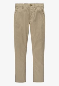 Chinos beige in cotone con una texture liscia, dotati di chiusura a bottone, passanti per cintura e tasche frontali. Design a gamba dritta.