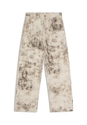 Wijde broek met hoge taille in beige, voorzien van een donker abstract spetterpatroon, dubbele knoopsluiting aan de voorkant en ontwerp met vijf zakken.