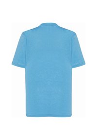 Jasnoniebieska bawełniana koszulka z krótkim rękawem, okrągłym dekoltem i luźnym krojem. Charakteryzuje się gładką fakturą i prostym wzornictwem.
