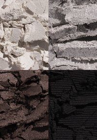 Vier kwadranten met getextureerd poeder: linksboven—wit, fijn en glinsterend; rechtsboven—grijs, licht korrelig; linksonder—donkerbruin, glinsterend; rechtsonder—zwart, mat.