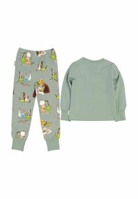 Green cotton pajama set featuring long sleeves and patterned pants with illustrations of animals and people. Soft texture with elastic waistband.