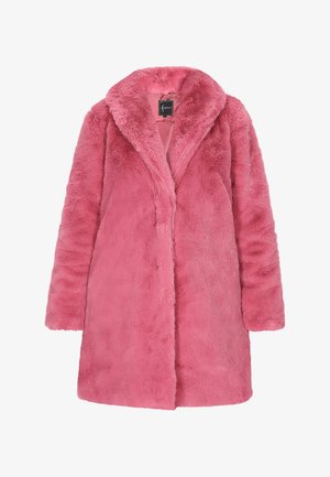 Różowy płaszcz z sztucznego futra z kołnierzem szalowym i długimi rękawami. Charakteryzuje się miękką teksturą i otwartym przodem. Idealny na codzienne noszenie.
