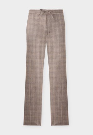 Braune karierte Hose mit geradem Bein, Kordelzug in der Taille, flacher Vorderseite und dezentem Karomuster vor weißem Hintergrund.