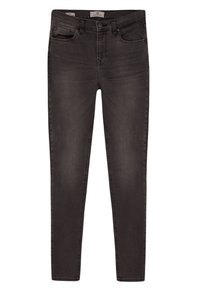 Jean skinny noir avec cinq poches, fermeture par bouton, et détails subtilement décolorés autour des cuisses et des genoux.