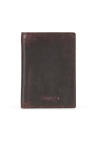 Dark brown leather wallet with smooth texture, rounded edges, and embossed "HOWARD LONDON" logo at the bottom. Simple and compact design.