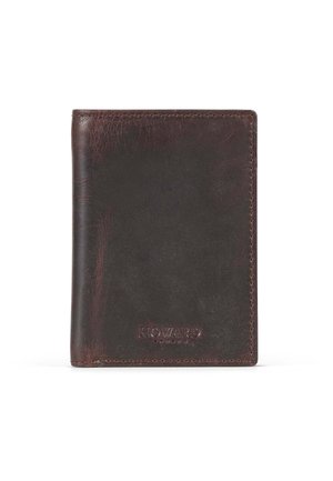 Dark brown leather wallet with smooth texture, rounded edges, and embossed "HOWARD LONDON" logo at the bottom. Simple and compact design.