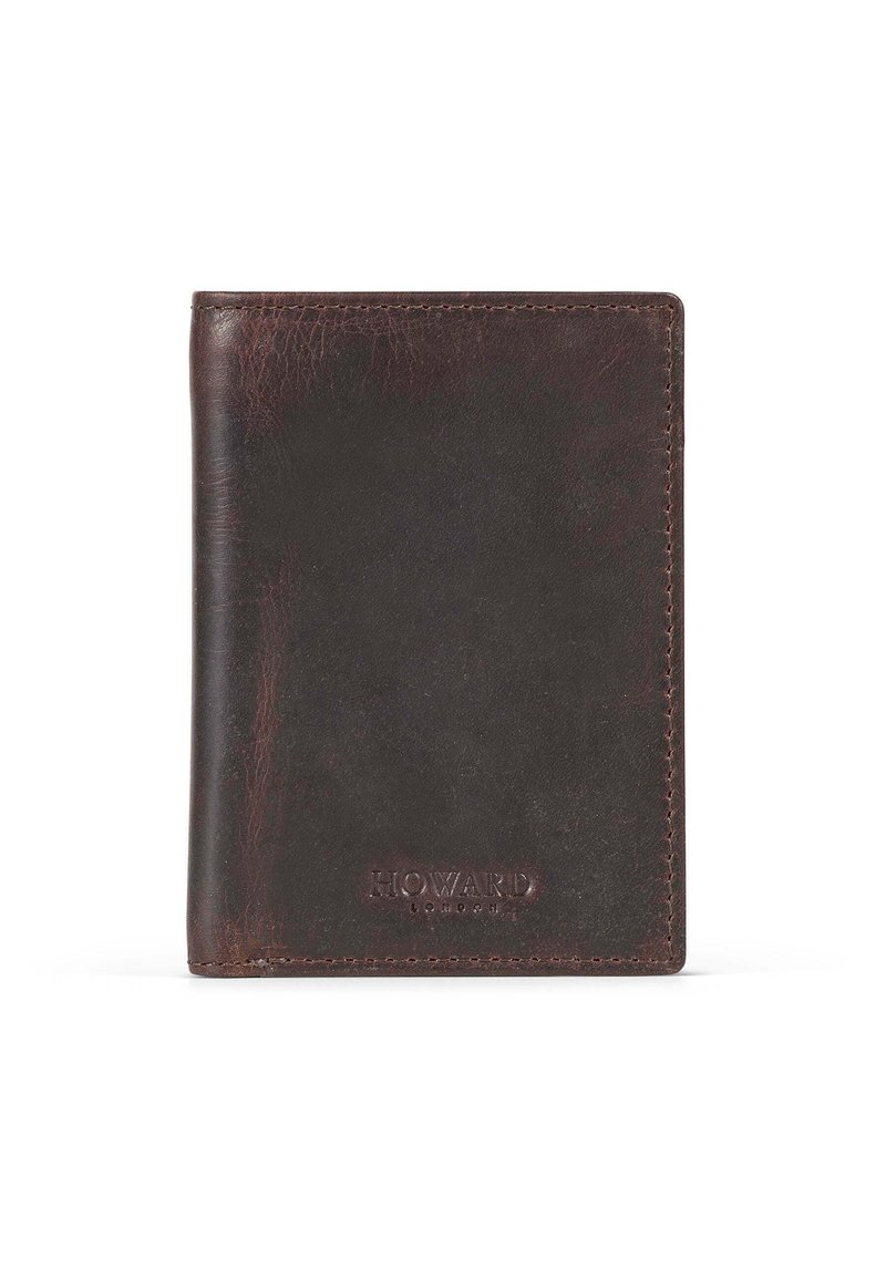 Dark brown leather wallet with smooth texture, rounded edges, and embossed "HOWARD LONDON" logo at the bottom. Simple and compact design.