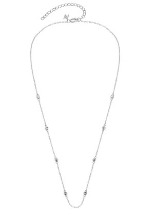 Silberne Kettenhalskette mit kleinen, gleichmäßig verteilten gedrehten Knotenperlen, Karabinerverschluss und verstellbarer Verlängerungskette.