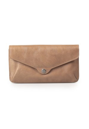 Light brown leather wallet with a flap and silver button closure, rectangular shape with stitched edges, against a white background.