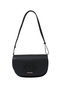 Borsa a spalla in pelle nera con pattina curvata, logo in rilievo e accento dorato del logo. Dotata di una sottile tracolla regolabile per versatilità.