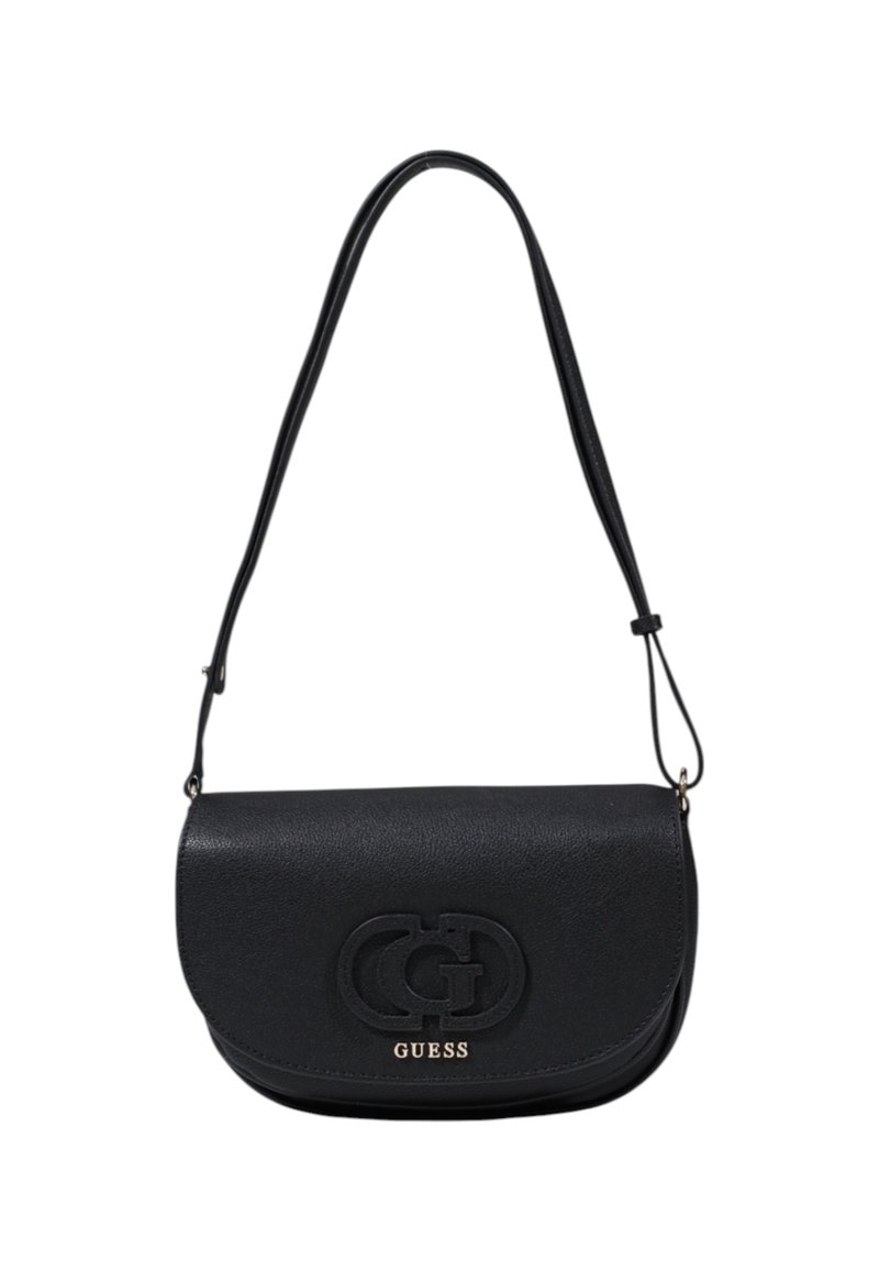 Borsa a spalla in pelle nera con pattina curvata, logo in rilievo e accento dorato del logo. Dotata di una sottile tracolla regolabile per versatilità.