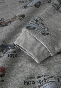 Šedá mikina s ilustracemi různých vintage automobilů a textovými detaily. Rukávy mají žebrovaný lem, s jemnou, texturovanou tkaninou po celé ploše.