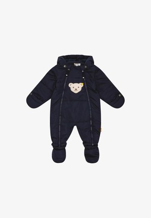 Navy padded snowsuit with a bear face applique on the chest, front zip closure, and attached booties. Features elasticized cuffs and hood.