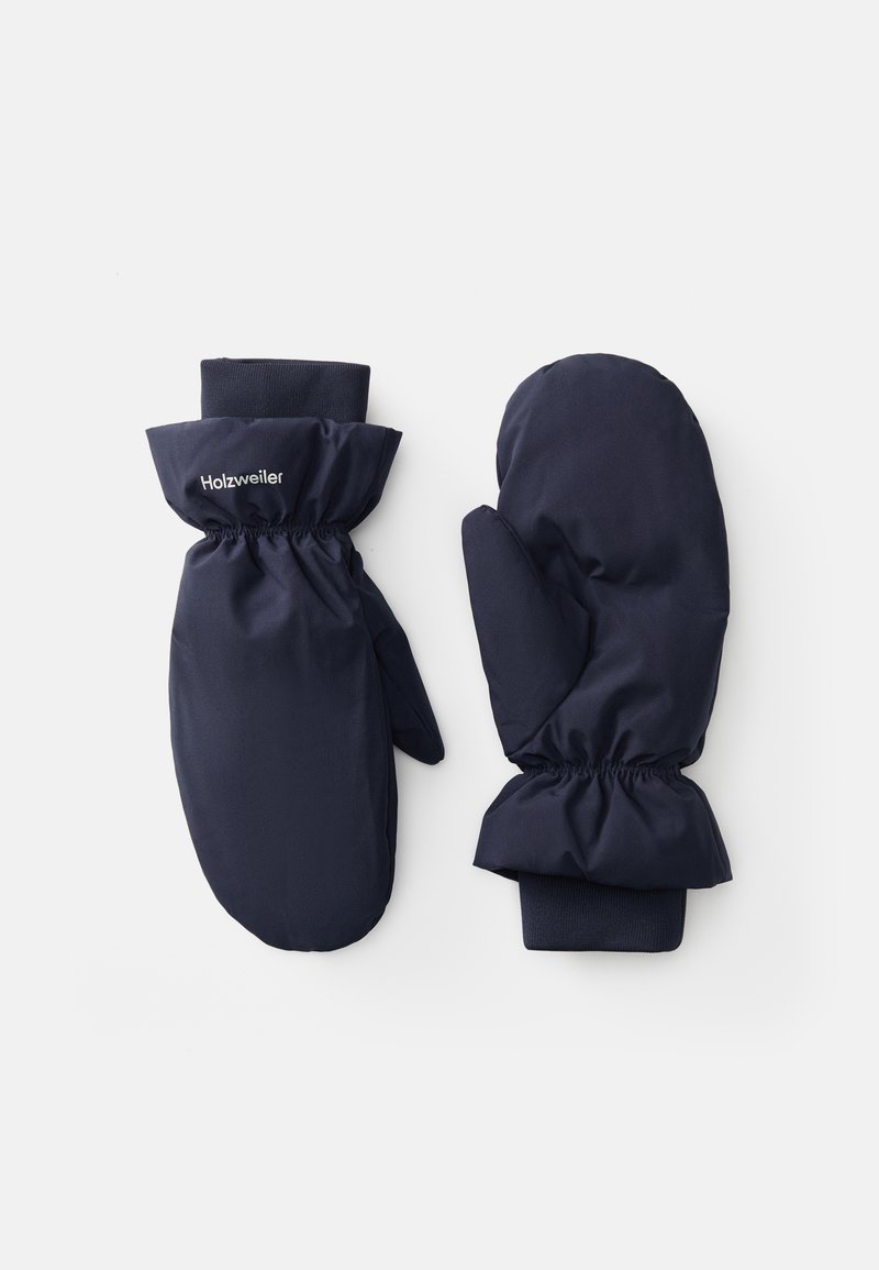 Mitones azul marinho feitos de um tecido durável com punhos elásticos. Apresenta um design franzido no pulso e um logótipo visível na lateral.