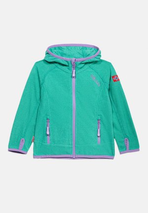 Kinder-Türkis-Sweatshirt mit Reißverschluss, lila Besatz, Daumenlöchern, zwei vorderen Reißverschlusstaschen und einem norwegischen Flaggenpatch auf dem Ärmel.