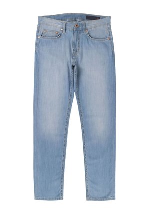 Jeans in denim azzurro chiaro con taglio a gamba dritta, dotati di cinque tasche, chiusura con bottone e lievi sbiaditure su tutto il tessuto.